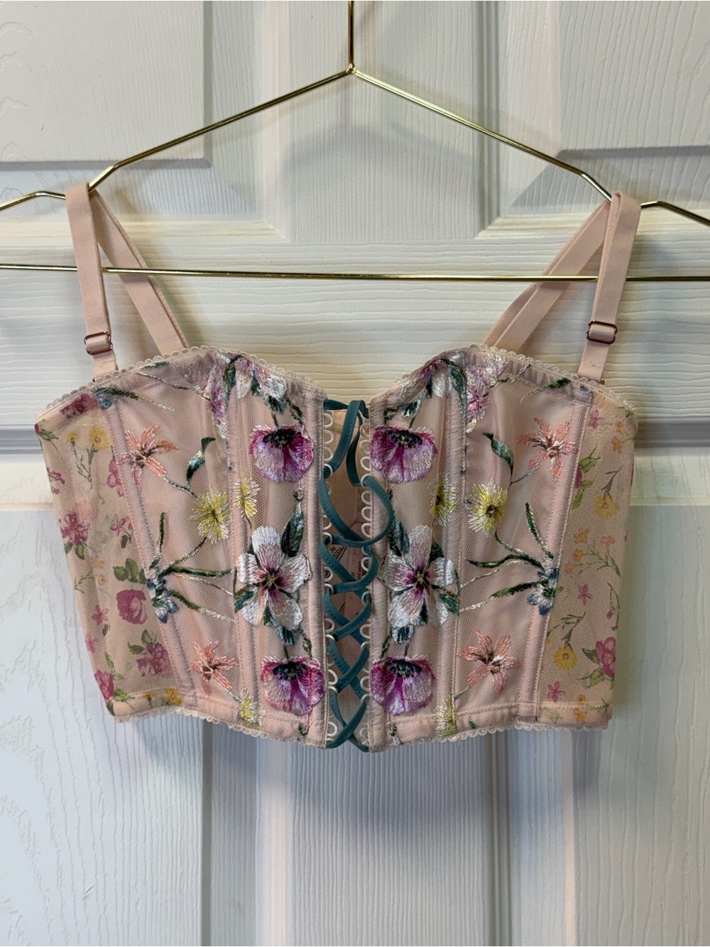 Floral Lace-Up Pink Embroidered Bustier Top Victorias Secret
